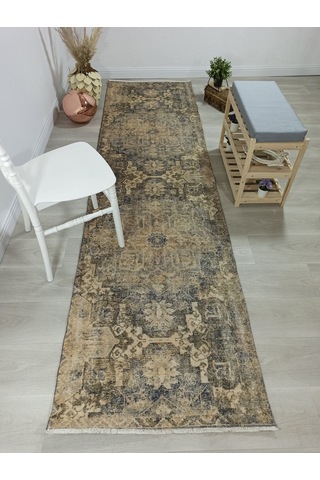 Eskitme Madalyon Desenli Hardal Ve Lacivert Vintage Salon Halısı - 4113ou