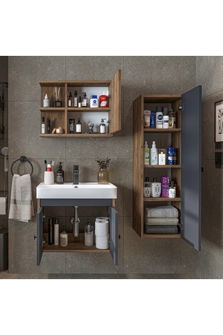 Ada Lavabolu Banyo Alt Dolabı + Banyo Üst Dolabı + Boy Dolabı Atlantik - Antrasit
