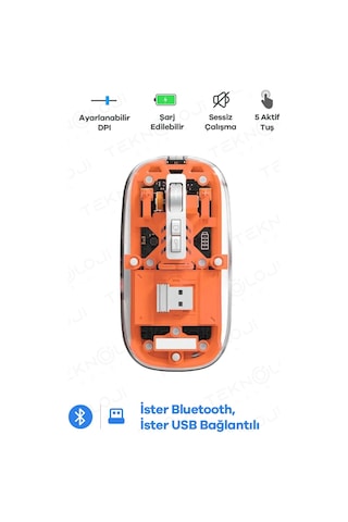 Bay Bluetooth Usb Çift Modlu Sessiz Mouse, Şeffaf Mıknatıslı Kapaklı, Type-c Şarjlı, Dpı Ayarlı, Kablosuz 10m