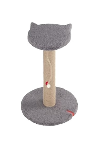 Pugalo Stepli Kedi Yüzlü Platform Tırmalama Tahtası, Gri Peluş Kaplı, Sisal İpli, Oyuncaklı Antrasit