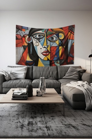 Geometrik Yüz Desenli Duvar Halısı Duvar Örtüsü Tapestry Süet Dokulu Kumaş