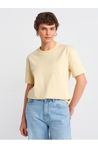 Dilvin 30312 Dekoratif Dikişli Bisiklet Yaka Tshirt-açık Sarı Açık Sarı