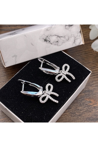 Fiyonk Küpe Sallantılı Zirkon Taşlı Çelik Silver