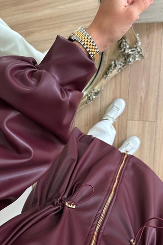 Beli Büzgülü Deri Ceket - Bordo Bordo