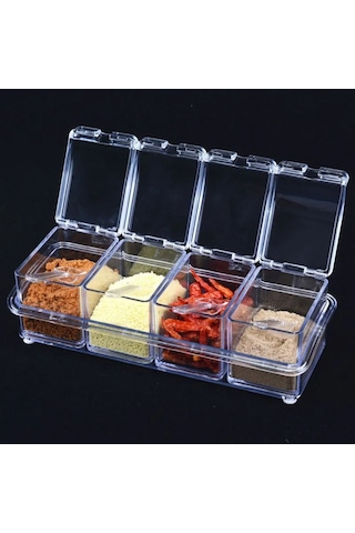 Kosona Ev Mutfak 4 Bölmeli Transparan Baharat Kutusu, Tuzluk Depolama Kutu, Pişirme İçin Şeffaf Baharat Kabı Kaşık İle ŞEffaf