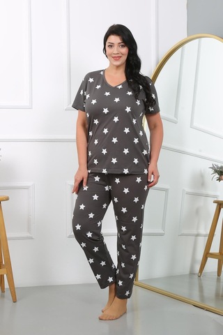 Akbeniz Kadın Büyük Beden Kısa Kol Penye Pijama Takımı Füme 202407-füme Füme