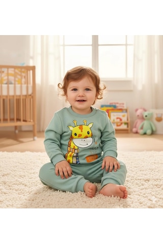 Poppy Trend Kız Bebek Zürafa Baskılı Çıt Çıtlı Alt Üst İkili Gündelik Takım 6-18 Ay Yeşil