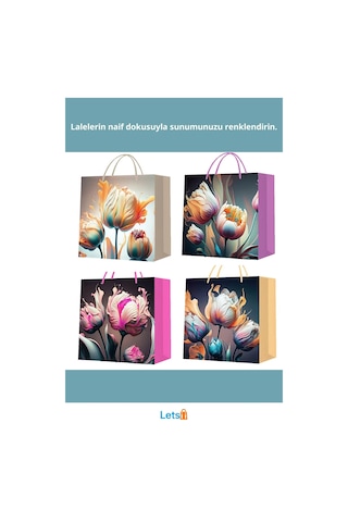 Pastel Renkli Lale Desenli Şık Karton Hediye Çantası Küçük Boy