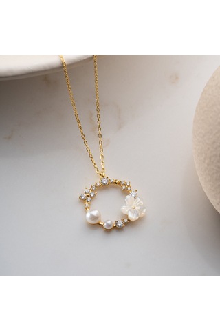 925 Ayar Gümüş Sedef Taşlı İncili Kolye Gold