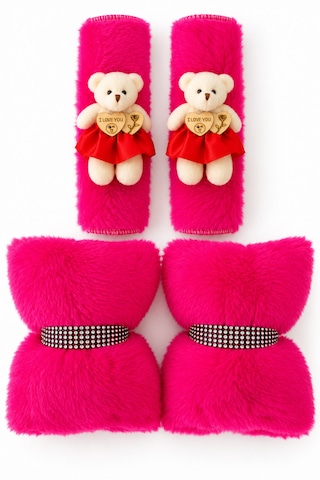 Kemboss Pembe Peluş Ayıcıklı 2'li Emniyet Kemeri Pedi Ve 2'li Araç Boyun Yastığı Kadınlara Özel Oto Seti 2'li Set