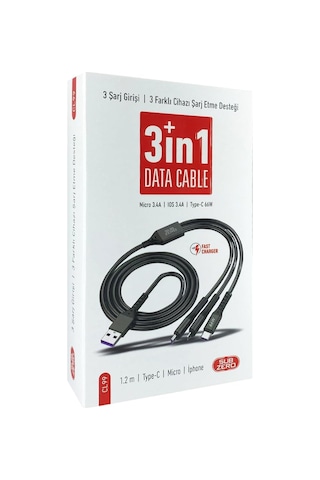 3 İn 1 Usb-a To Lightning Type-c Micro Şarj Ve Data Kablosu 3.1a 1.2m Hızlı Şarj İos Uyumlu Type Standart