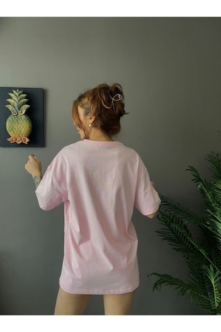 Kadın Oversize Basic Tişört Salaş Kesim Pamuklu Günlük T-shirt Pembe
