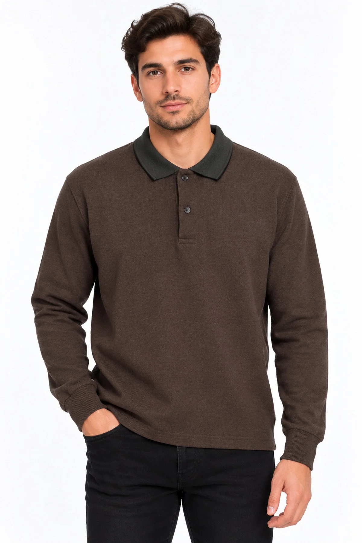 Neco Giyim Erkek Polo Yaka Regular Fit Klasik Kesim Selanik Kumaş Kazak Sweatshirt Şık Günlük Basic Üst Giyim Kahverengi