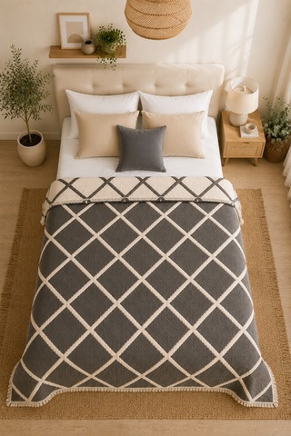 Premium Geometrik Kare Desenli %100 Pamuk Müslin Çift Taraflı Yatak Örtüsü Pike 220x240 Çift Kişilik Antrasit
