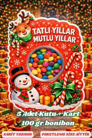 5 Adet Tatlı Yıllar Mutlu Yıllar Kartlı Bonibon Yılbaşı Hediyesi - Özel Tasarım - Sömestr Hediye