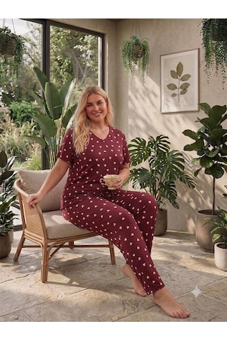 Büyük Beden Kısa Kol Pamuklu Ultrasoft Likralı Kapri Pijama Takımı 8624 Bordo