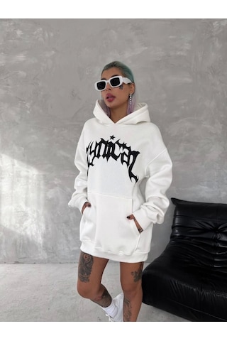 De'charme Unisex Üç İplik Kapşonlu Baskılı Sweatshirt - Beyaz