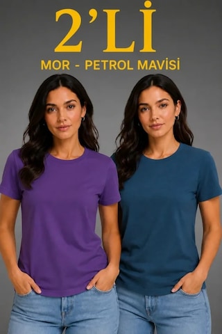 Hazego Basic Bisiklet Yaka Yazlık Slim Fit T-shirt - Mor - Petrol Mavisi Çok Renkli