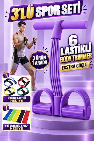 3'lü Spor Seti 3 Ürün 1 Arada Body Trimmer Tüm Vücut Şekillendirici Evde Spor Egzersiz Pilates Direnç Lastiği 5'li Bant Ve Direnç Lastiği Hediyeli Çok Renkli