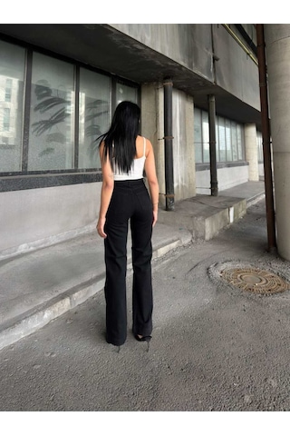 Shevega Kadın Siyah Yikama Yüksek Bel Ön Yapiştirma Bol Paça Kot Pantolon Siyah