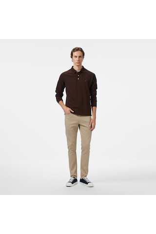 Nautica Erkek Kahverengi Classic Fit Uzun Kollu Polo Yaka T-shirt Düz K57042t Kahverengi