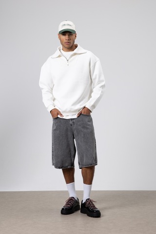 Vamos Basic Fermuarlı Dik Yaka Sweatshirt Ekru