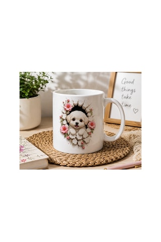 Duvarlarını Yık Serisi 3d Efektli Sevimli Köpek Yavrusu Çift Taraflı Baskılı Seramik Kupa 300 Ml Premium Kahve Kupası Beyaz