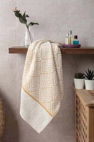 Geometrik Desenli Zemini Renkli Bambu El Havlusu - 50x90 Cm - Hardal Hardal