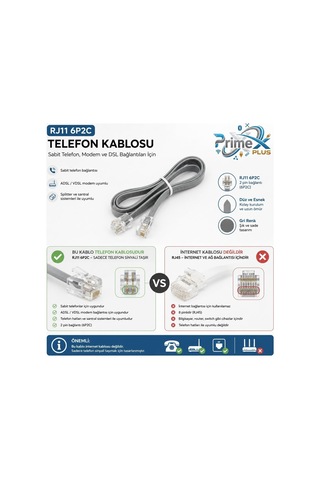 Lexroo Px-kkt10 2cx0.10mmx7 10 Metre Adsl Rj11 Telefon Kablosu Gri, Adsl, Vdsl 2 Canlı Kablo Standart
