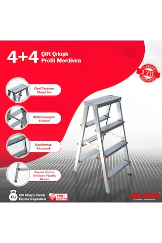 Asvera - 4+4 Basamaklı Çift Çıkışlı Galvanizli Profil Merdiven Ev, Bahçe, İşyeri İçin Uygun