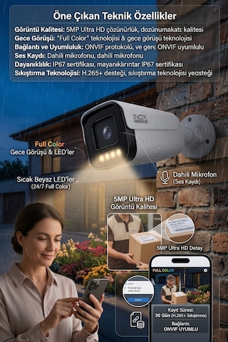 Inox-x207 5mp Ip Full Renkli Onvıf Güvenlik Kamerası - Profesyonel Çift Işıklı Ir + Renkli Akıllı Ağ Kamerası
