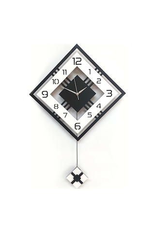 Dörtgen Geometrik Tasarım 50 Cm Modern Ahşap Sarkaçlı Duvar Saati Siyah Beyaz