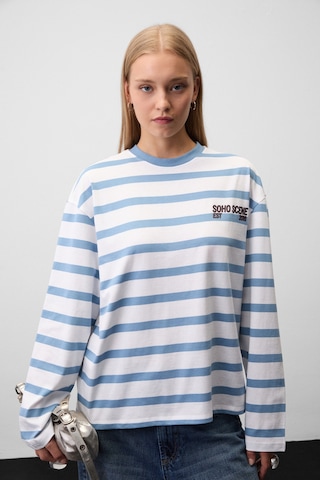 Grimelange BASIL Kadın Çizgili Kumaş Üzerinde Baskılı Uzun Kollu Beyaz-mavi Çizgili T-shirt