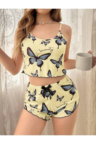 La Vıor Kadın Kelebek Desenli Pijama Takımı Açık Sarı