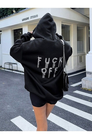 Afri Kadın Siyah Oversize Kapüşonlu Sweatshirt Taş Detaylı F Ck Off Yazılı Rahat Günlük Kapüşonlu Üst Siyah