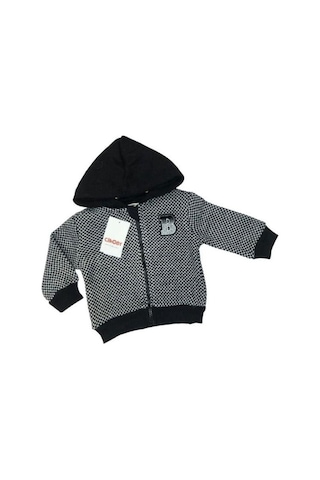 Erkek Bebek Kapüşonlu Kareli Fermuarlı Hırka-13476 Siyah