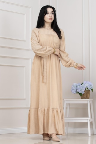 Sevitli Robalı Sahra Tesettür Elbise-krem-5505 Krem