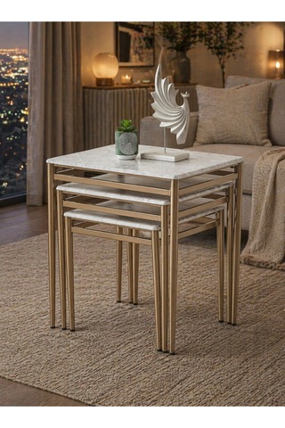 Gri Mermer Desen Membran Kaplama 3'lü Zigon Sehpa Takımı Cappuccino Metal Ayaklı Modern Sehpa Seti