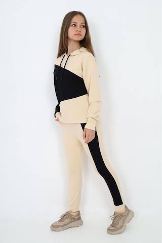 Kız Çocuk %100 Pamuk Garnili Kapüşonlu Uzun Kol Alt&üst Eşofman Takım-eşt-0018 KREM