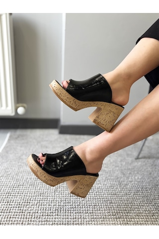 Asmi Shoes Kadın Siyah Rugan Deri Mantar Taban Ortopedik Platform Topuk Terlik