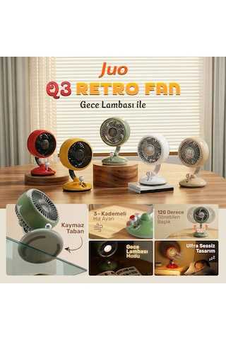 Juo Q3 120 Salınımlı 3 Kademeli Led Işıklı Şarjlı Masaüstü Fan Vantilatör Retro Yeşil