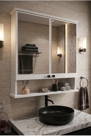 Ad-3 Raflı Banyo Dolabı, 2 Kapaklı Lavabo Üstü Aynalı Banyo Dolabı - Beyaz Çok Renkli