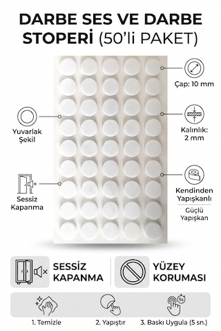 Kendinden Yapışkanlı Şok Darbe Emici Ses Stoperi 10 Mm Beyaz 50'li Paket Dolap Çekmece Tamponu
