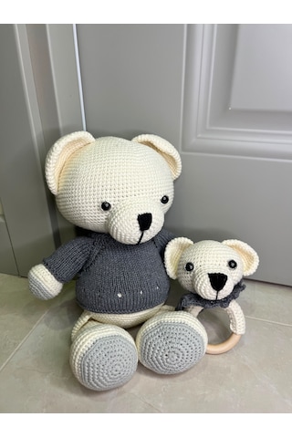 Amigurimi Gri Kazaklı Oyuncak Ayıcık Ve Çıngırak&bebek Hediyesi 30 Cm