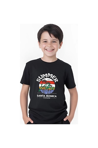 Summer Baskılı Erkek Çocuk Yuvarlak Yaka Kısa Kollu T-shirt Siyah