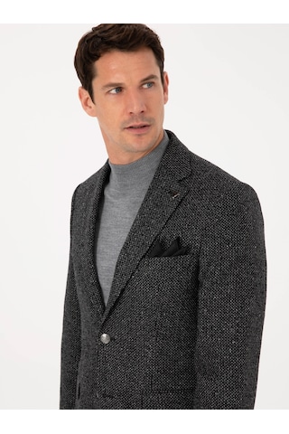 Cacharel Siyah Slim Fit İpek Kaşmir Karışımlı Mikro Desenli Blazer Ceket