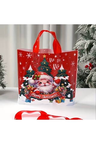 1 Adet Şenlikli Noel Baba Noel Ağacı Hediye Çanta Kırmızı Plastik Kırmızı