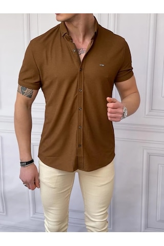 Modefendi Slim Fit Pamuk Örme Polo Yaka Kısa Kollu Gömlek Kahverengi
