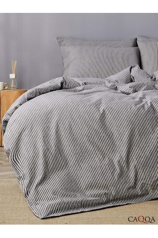Caqqa Line Striped Naturel Pamuk Çift Kişilik Nevresim Takımı Antrasit