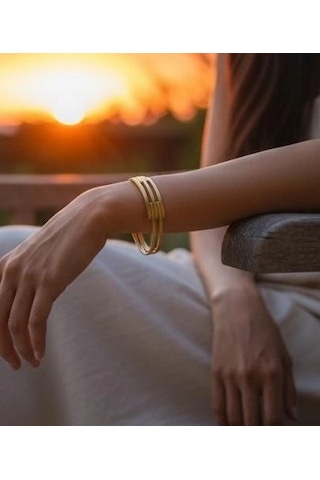 Altın Üç Sıra Kaburga Kelepçe Bilezik